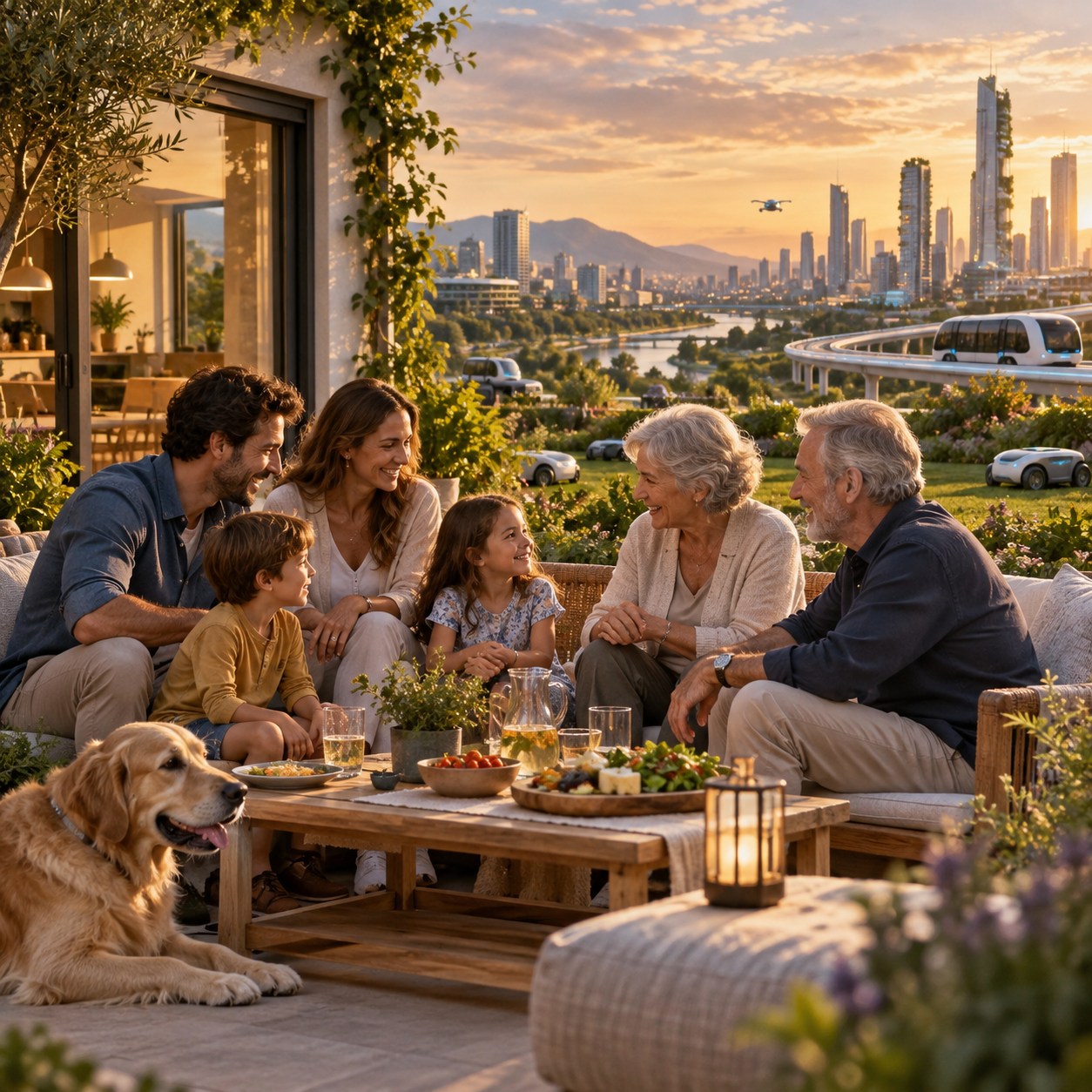Una familia disfruta de tiempo compartido en un entorno próspero apoyado discretamente por la automatización