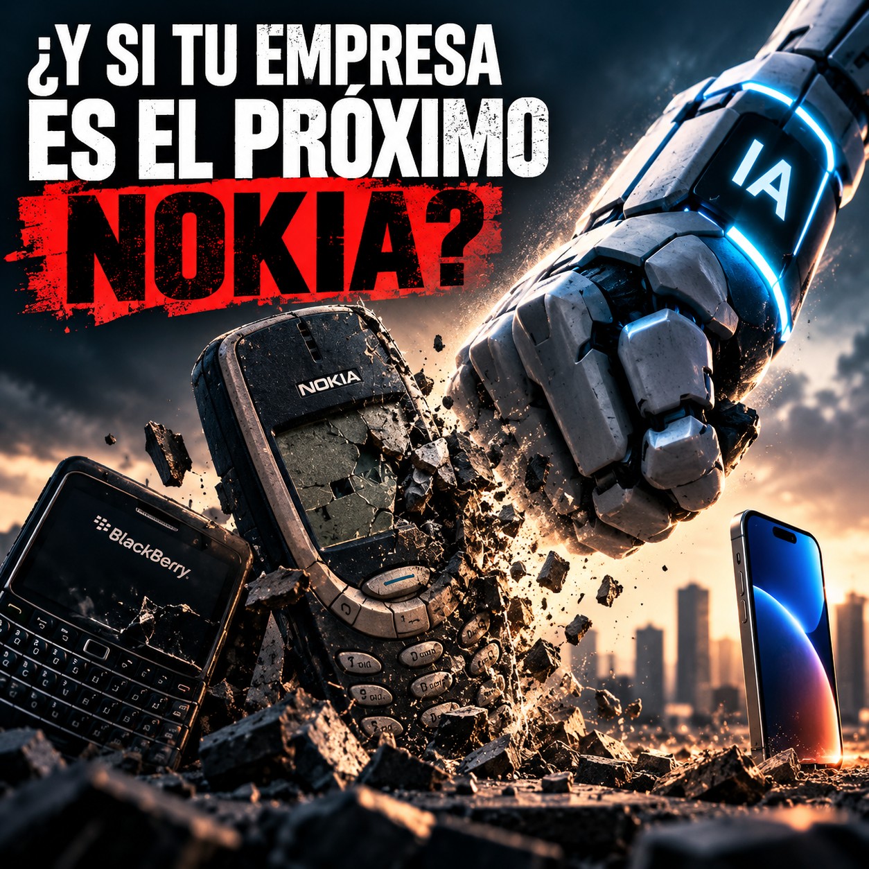 Puño robótico de IA destrozando un Nokia y una BlackBerry