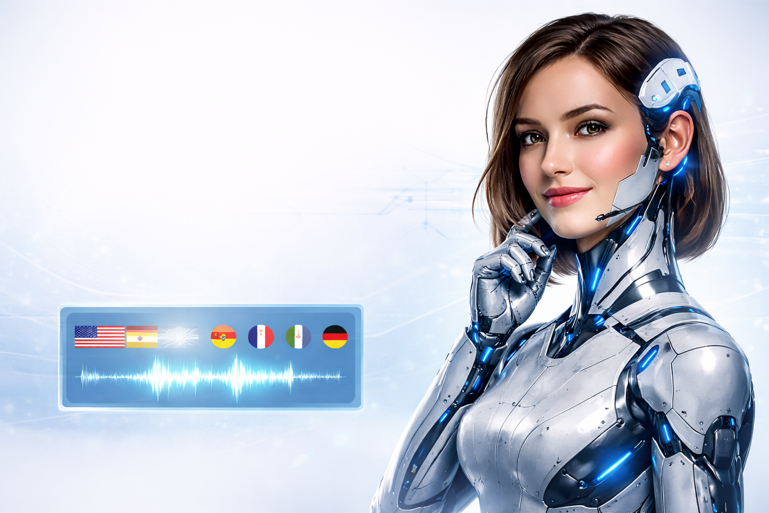 Chica atractiva ciborg trabajando como agente de voz