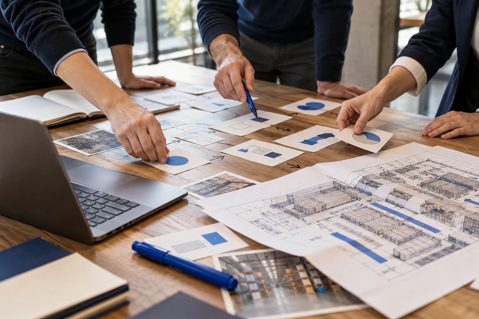 Escena ilustrativa de manos organizando materiales de trabajo y un mapa de procesos