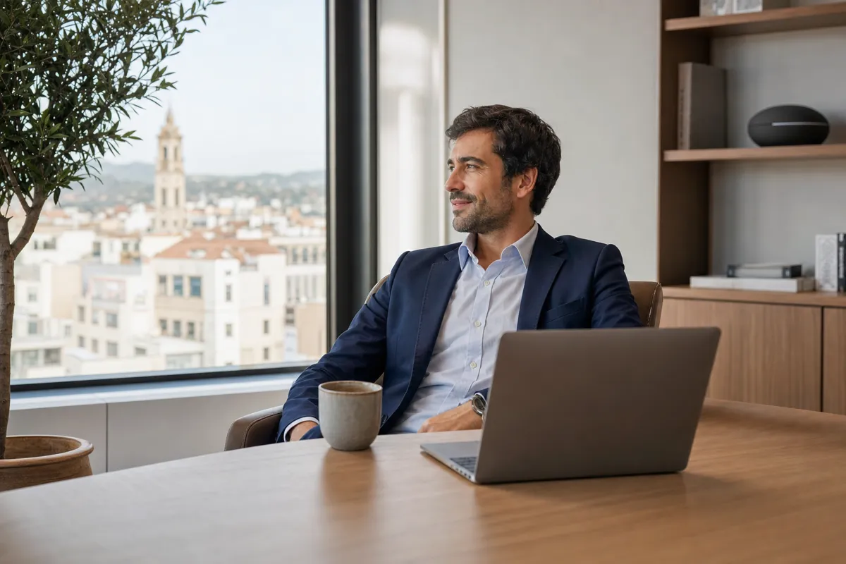 El mismo directivo, con la mesa despejada y tranquilo