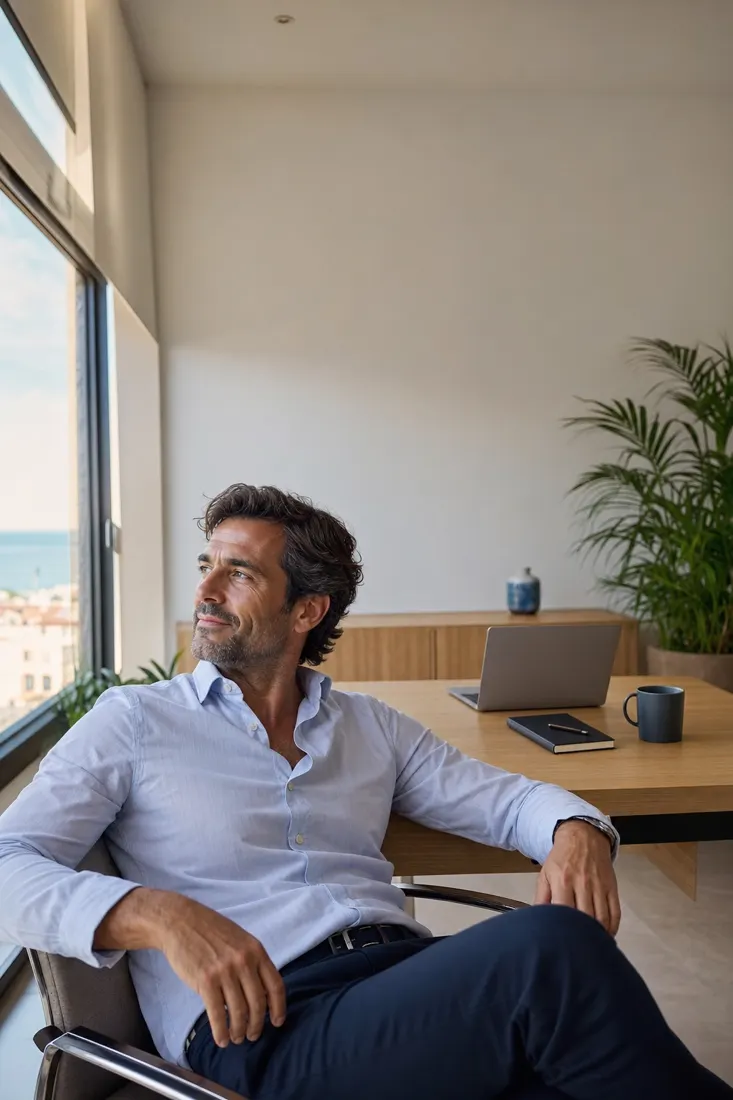 Directivo sereno mirando por la ventana de su oficina